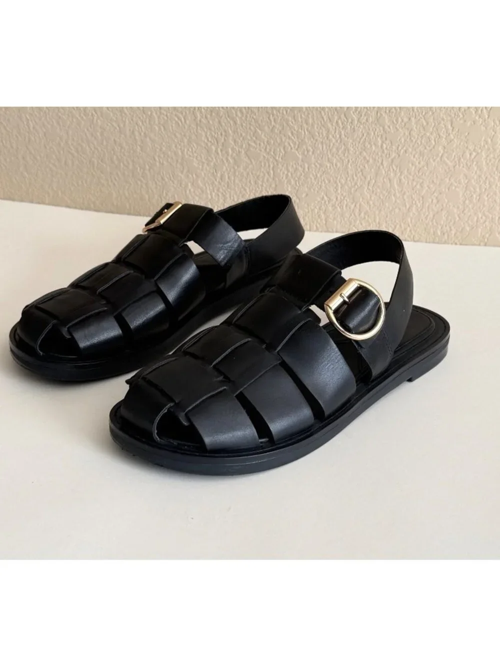 ZARA Women's Woven Leather Fisherman Flat Sandals Black Casual - Picture 1 of 8